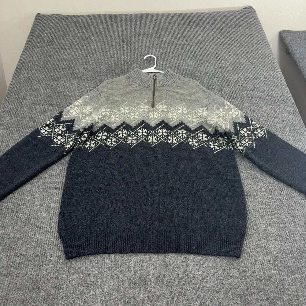 Paolo Mondo Sweater Mens XL Blue Grey Wool Blend Fair Isle Quarter Zip Mock Neck